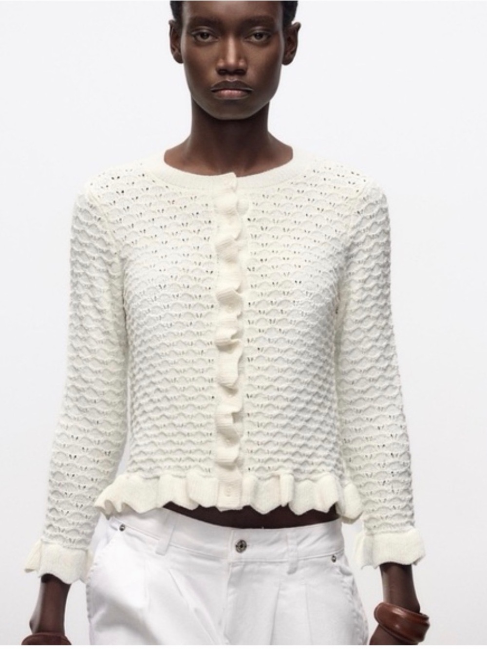 Zara Cream Ruffle-Trim Knit Cardigan